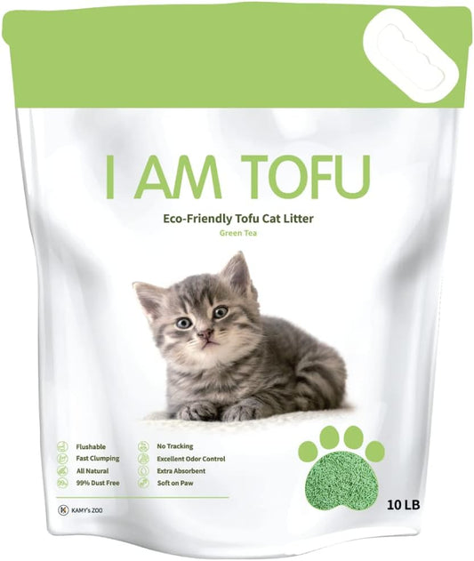 I AM TOFU - Tofu Cat Litter, Natural Flushable, Dust Free, Extra Clumping Pellet Litter (10 LBS, Green Tea)