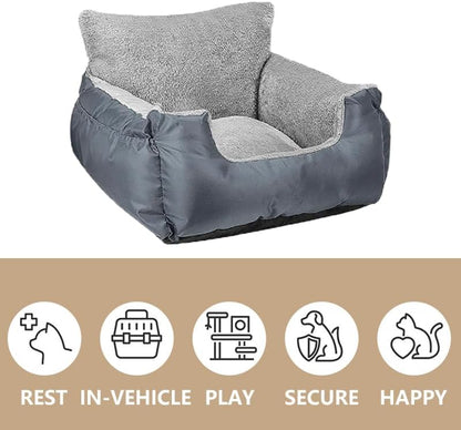 Dog Car Seat for Small Dogs, Fully Detachable and Washable Cat Carseats Under 25 lbs, Soft Pet Booster Seats with Storage Pockets and Clip-On Leash Portable Car Travel Carrier Bed (Grey, Large)