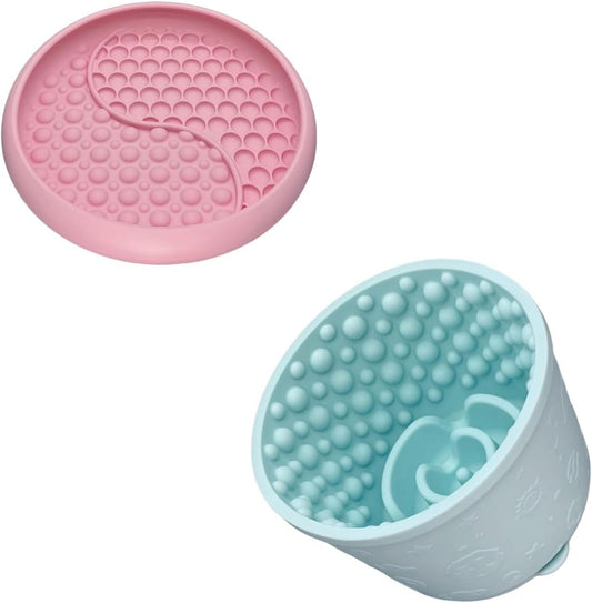 Slow Feeder Bowl Bundle: Pink Frozen Lick Mat (8.0" x 1.4") + Mint Green Starry Sky Feeder (5.3" x 3.7"), Freeze-Friendly Lick Bowl with Suction Cups for Enrichment and Anxiety Relief