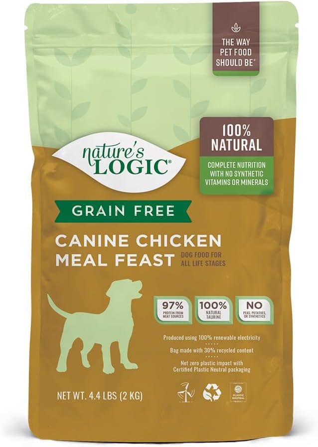 Nature's Logic Grain-Free Dry Dog Food - All-Natural, High Protein, No Synthetic Vitamins/Minerals - Gluten Free - Supports Healthy Digestion - All Breeds & Ages - Chicken Meal Feast, 4.4lbs
