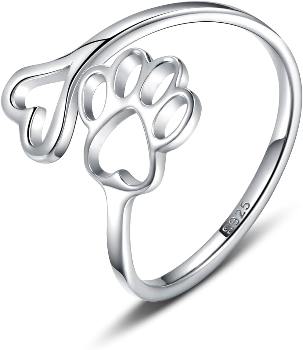 Puppy Lovers Paw Print Heart 925 Sterling Silver Adjustable Ring - Pet Animal Jewelry Creative Pierced Love Dog Cat Claw Ring - Gift for Pet Loving Friends and Families