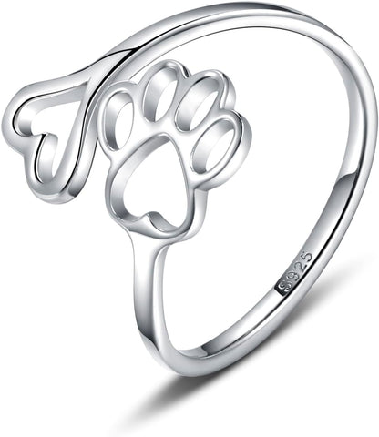 Puppy Lovers Paw Print Heart 925 Sterling Silver Adjustable Ring - Pet Animal Jewelry Creative Pierced Love Dog Cat Claw Ring - Gift for Pet Loving Friends and Families