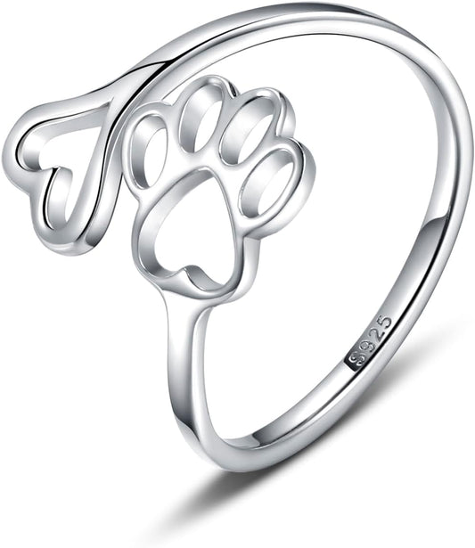 Puppy Lovers Paw Print Heart 925 Sterling Silver Adjustable Ring - Pet Animal Jewelry Creative Pierced Love Dog Cat Claw Ring - Gift for Pet Loving Friends and Families