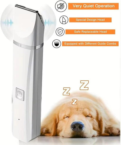 Dog Clippers Grooming Kit Hair Clipper-Low Noise Paw Trimmer- Rechargeable - Cordless Electric Quiet Nail Grinder Shaver for Cats and Other Pets (White)
