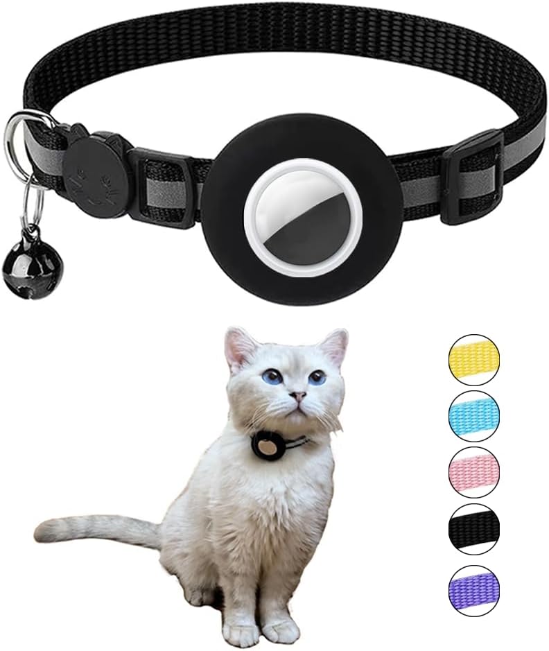 Breakaway AirTag Cat Collar with Reflective Strip, Compatible with AirTag – Lightweight and Adjustable Kitten Collar for Boy and Girl Kittens, Includes Safety Release Buckle and Bell (Black)