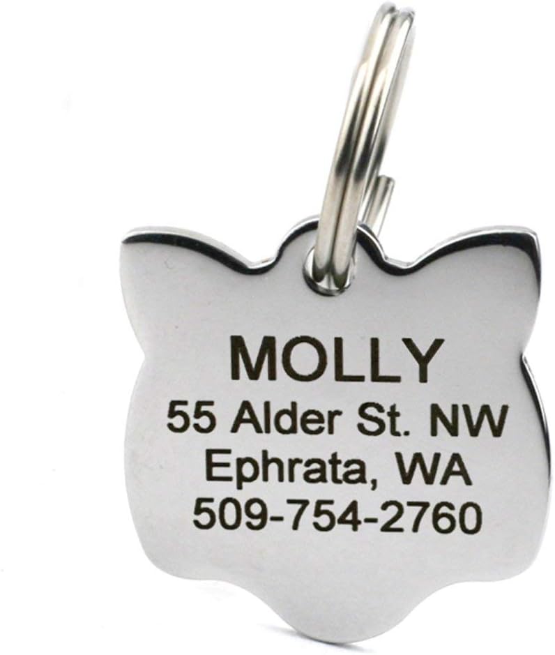 GoTags Cat ID Tag, Personalized Cat Shape Pet ID Tag in Stainless Steel, Includes up to 4 Lines of Custom Engraved Text – Stainless Steel, Kitty Face