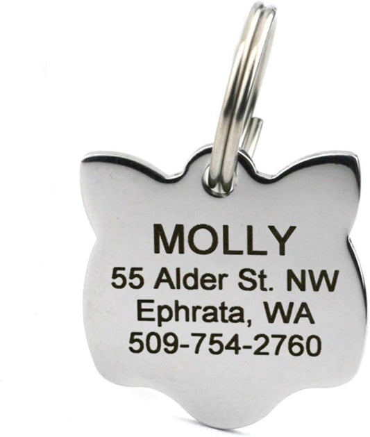 GoTags Cat ID Tag, Personalized Cat Shape Pet ID Tag in Stainless Steel, Includes up to 4 Lines of Custom Engraved Text – Stainless Steel, Kitty Face
