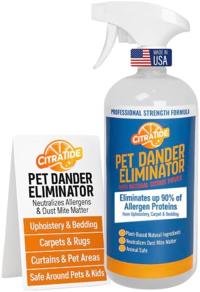 Dander Eliminator Spray – Plant-Based Pet Allergy & Dander Remover – Breaks Down Pet Dander, Dust Mites & Odors Naturally – Safe for Bedding, Furniture & Carpets – USA Made 32oz
