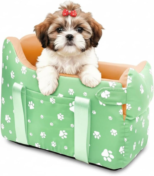 Cullaby Dog Center Console Car Seat for Small Dogs Under 15lbs,Detachable Washable Booster Pet Car Seat Travel Bed with Storage Pockets and Seat Belt(Green)