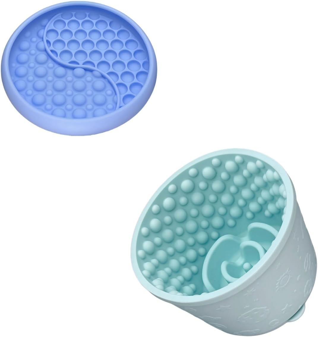 Slow Feeder Bowl Bundle: Light Blue Frozen Lick Mat (6.0" x 1.0") + Mint Green Starry Sky Feeder (4.3" x 2.9"), Freeze-Friendly Lick Bowl with Suction Cups for Enrichment and Anxiety Relief