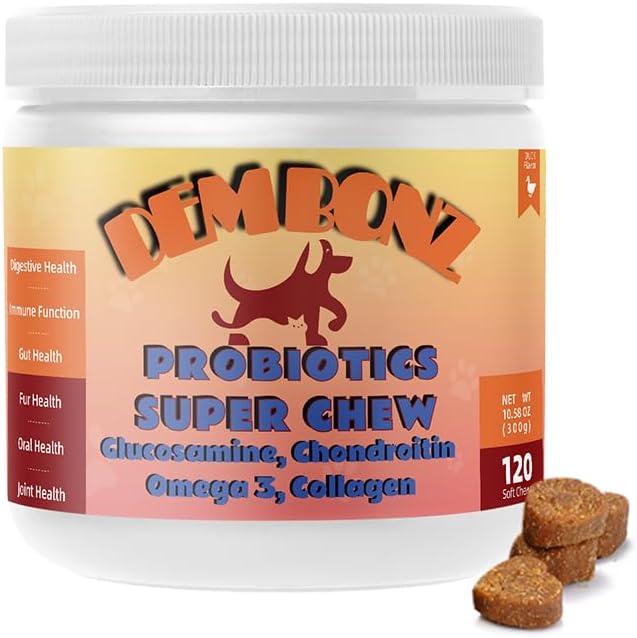Dembonz Joint Supplement for Dogs – Hip and Joint Chews for Dogs, Glucosamine, Chondroitin, Omega 3, Collagen & Probiotics, Supports Digestion, Immunity, Fur, and Oral, 120 Count