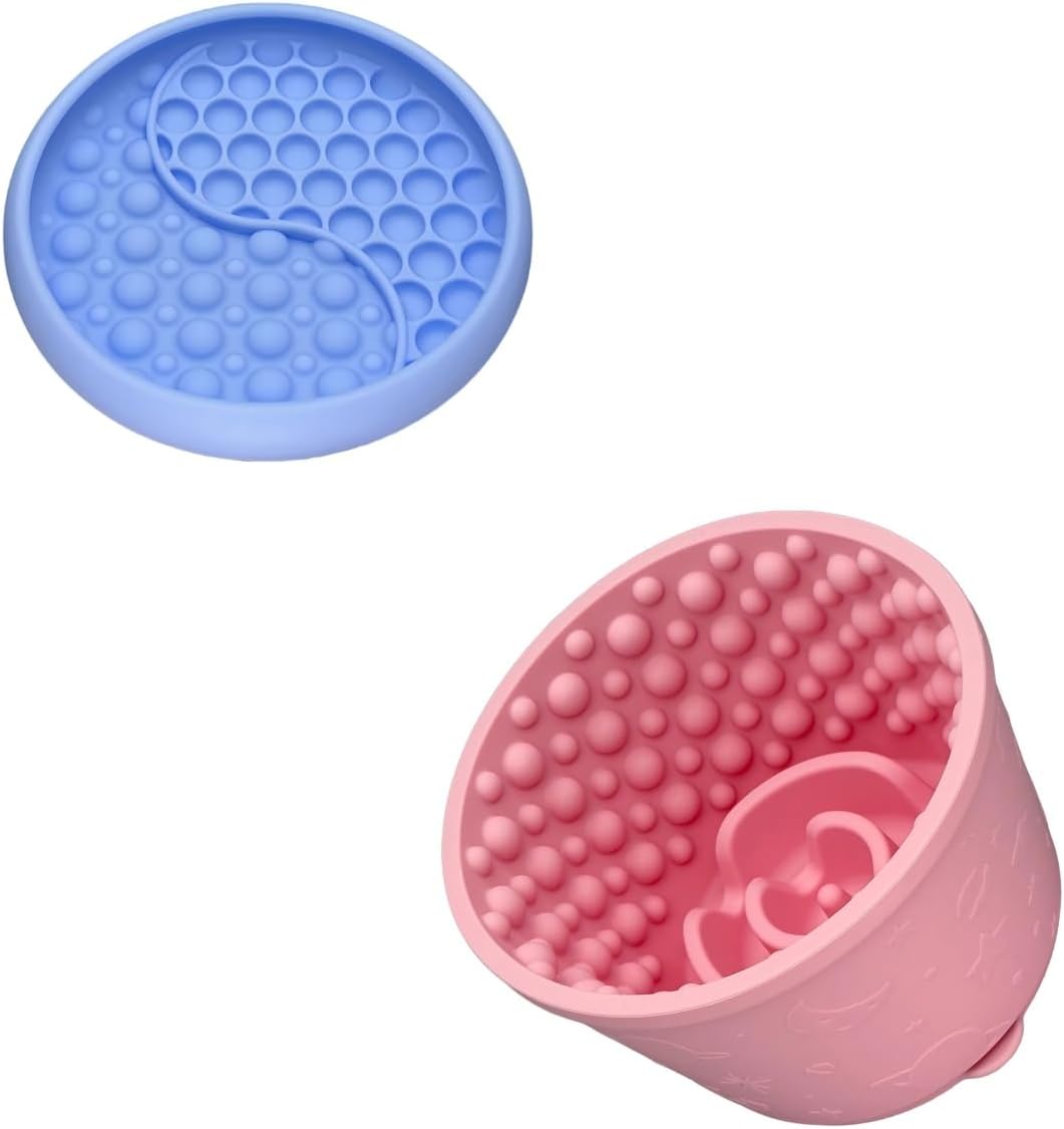 Slow Feeder Bowl Bundle: Light Blue Frozen Lick Mat (6.0" x 1.0") + Pink Starry Sky Feeder (5.3" x 3.7"), Freeze-Friendly Lick Bowl with Suction Cups for Enrichment and Anxiety Relief