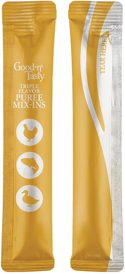 Good 'n' Tasty Triple Flavor Puree Mix-Ins Dog Food Topper Treats for All Dogs, 7 Count, Easy Single-Serve Portions, Added Protein with Chicken, Salmon and Duck (Pack of 2)