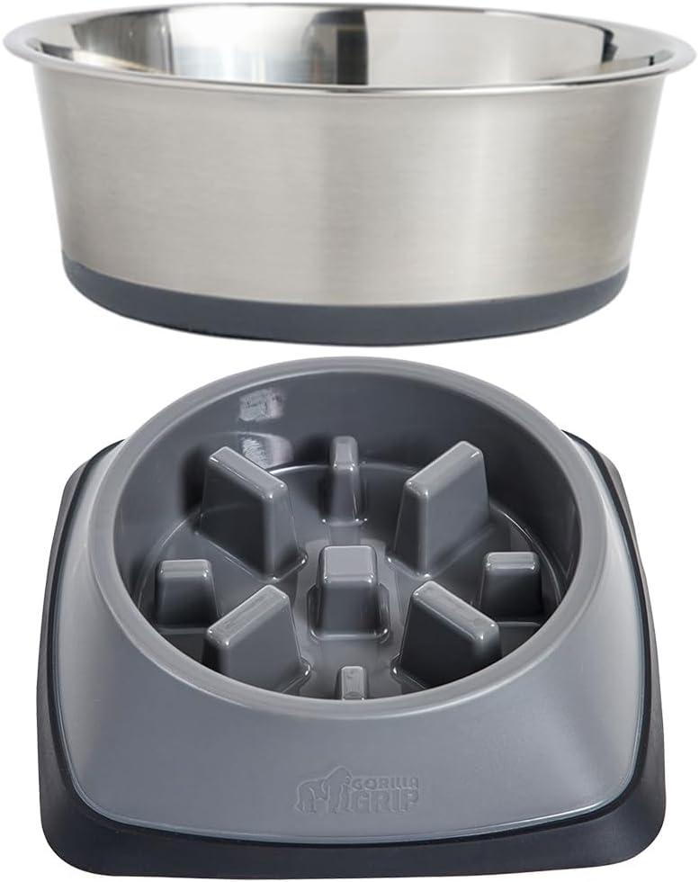 GORILLA GRIP Stainless Steel Dog Bowls, 1Cup, Gray and Slow Feeder, 1Cup, Gray Bundle
