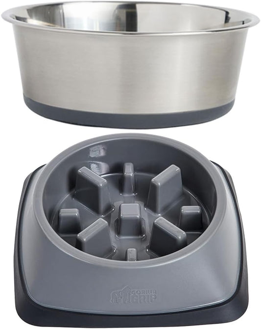 GORILLA GRIP Stainless Steel Dog Bowls, 1Cup, Gray and Slow Feeder, 1Cup, Gray Bundle