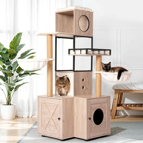 63" Multi-Functional Cat Tree with Litter Box - Includes Removable Washable Cushion, Scratching Posts & Toy Hanger, Modern Design, Rustic Gray