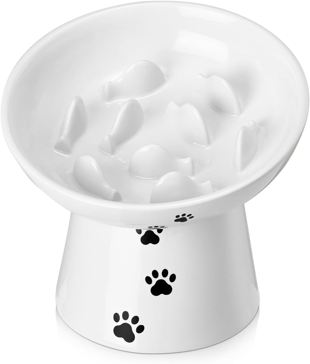 Y YHY Slow Feeder Cat Bowl, Ceramic Cat Slow Feeder Bowl, 6 Inches, Elevated, Anti Vomiting for Dry and Wet Food, White