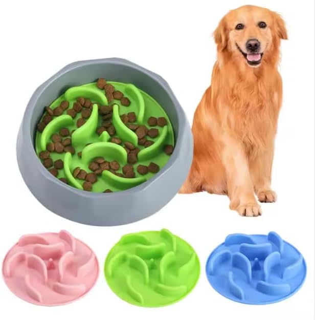 2 in 1 Slow Feed Dog Bowl with Anti-Choking Design, 7.5 Inch Pet Food Dish, Pink, Blue, Green (Pink)