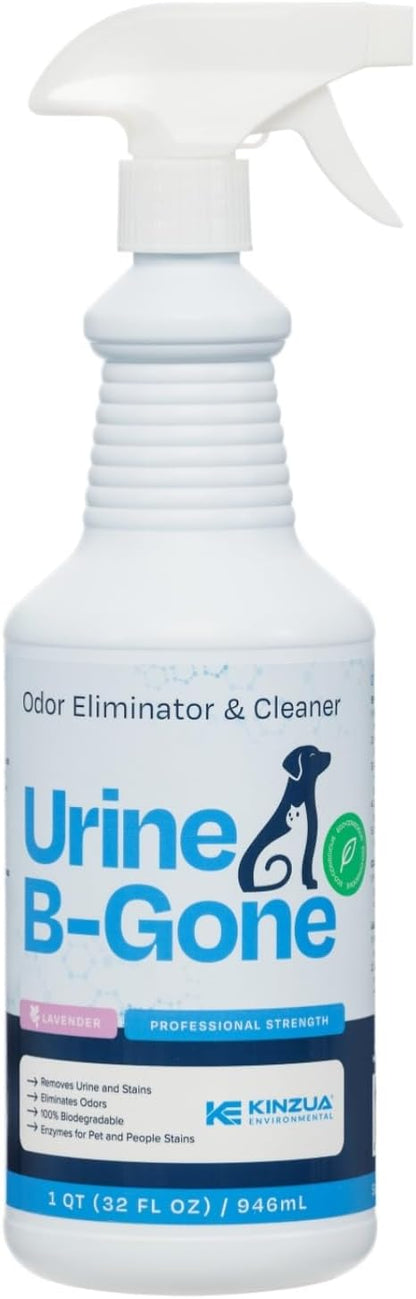 KINZUA ENVIRONMENTAL Urine B-Gone, Professional Enzyme Odor Eliminator & Pet Stain Remover, Human, Cat & Dog Urine Cleaner, Effective on Laundry, Carpets & More, Lavender Scent, 32oz