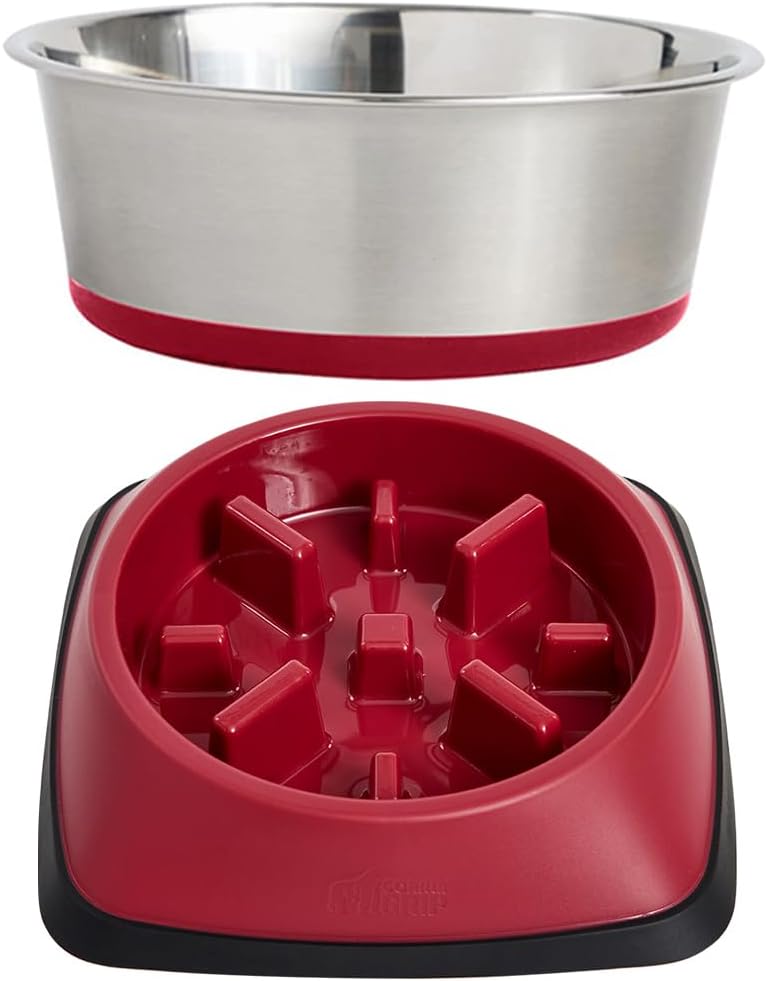 GORILLA GRIP Stainless Steel Dog Bowls, 1Cup, Red and Slow Feeder, 1Cup, Red Bundle