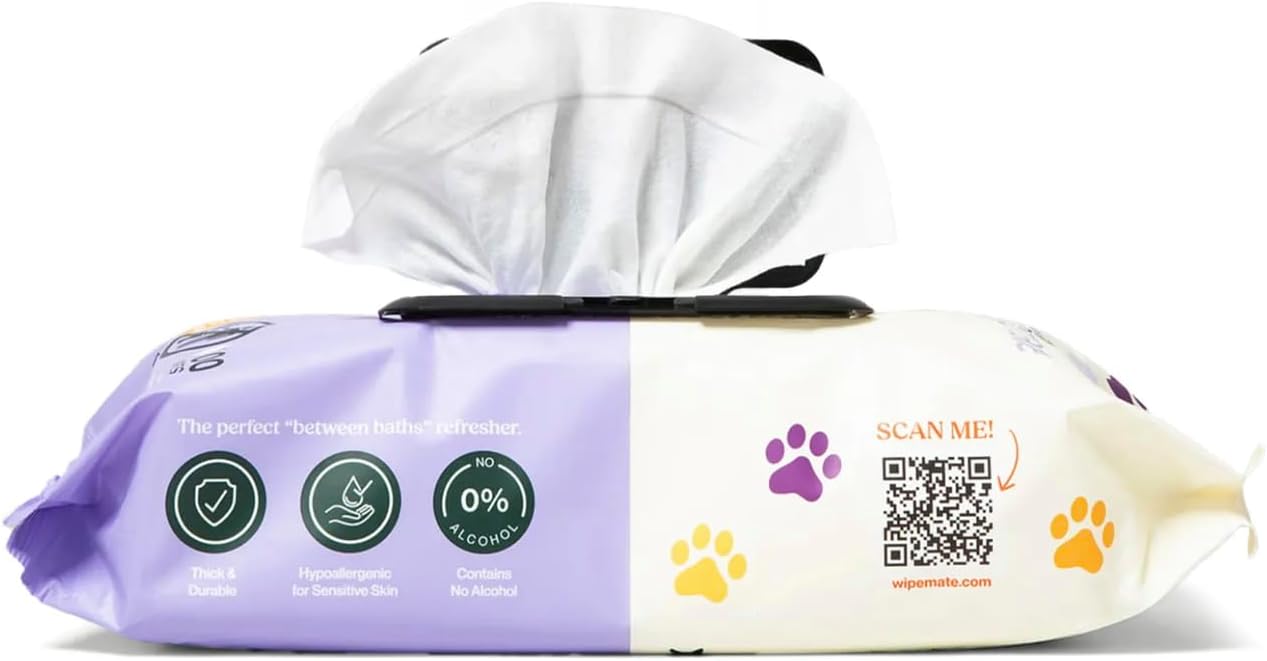 WIPEMATE Lavender XL Pet Wipes for Medium to Large Dogs & Cats, No-Rinse Solution, Hypoallergenic, Gentle, Deodorizing - Pet Wipes for Cleans Paws, Ears, Fur, Butt, & Anal Glands (100 ct)