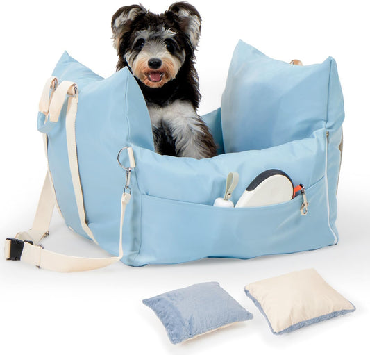 PETTENA Dog Car Seat for Small/Medium Dogs, Detachable Washable Soft Portable Dog Booster Seat, Dog Car Bed with Storage Pockets, Waterproof Puppy Booster Car seat for Small Pets Up to 25lbs, Blue