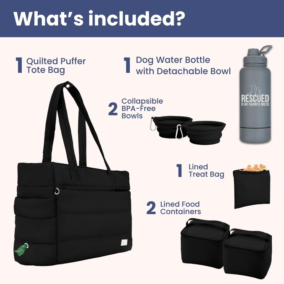 rubyloo Dog Mom Essentials Bundle - Puffer Tote with Storage Containers (Black) and 32 oz Water Bottle with Detachable Bowl (Rescued is My Favorite Breed) - Travel Bag and Hydration Set