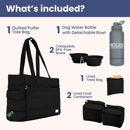 rubyloo Dog Mom Essentials Bundle - Puffer Tote with Storage Containers (Black) and 32 oz Water Bottle with Detachable Bowl (Rescued is My Favorite Breed) - Travel Bag and Hydration Set