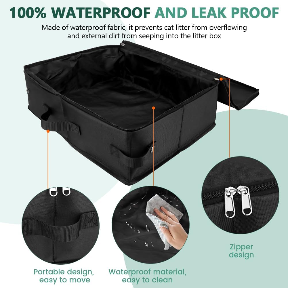 Travel Litter Box for Cats, Portable Litter Box with Scoop & Bowl, Leak Proof,Waterproof Collapsible Carrier for Car, Outdoor, Hotel