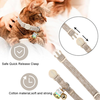 Cat Collar,2 Pack White Hemp Cat Collars Breakaway with Bell, DOGWONG Safety Buckle Wedding Cat Collar for Girl Boy Cats and Small Dogs，Adjustable 7-12 Inch,Pet Supplies Accessories