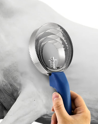 QWORK Double Sided Curry Comb, 2 Pack 4 Rings Stainless Steel Curry Comb with Soft Touch Grip, Blue