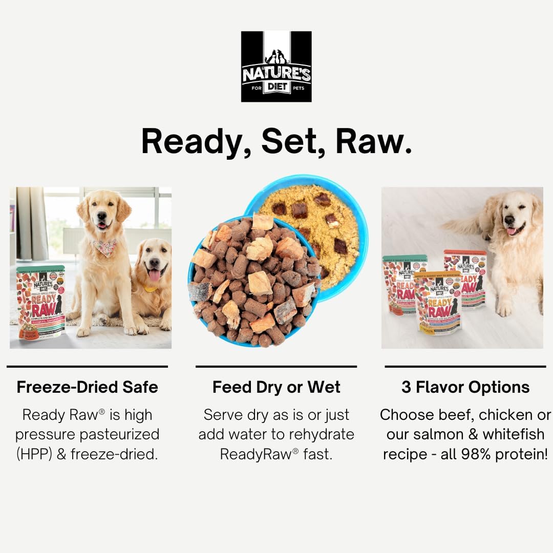 Nature's Diet Ready Raw : Freeze-Dried Raw Dog Food, Salmon & Whitefish, Human Grade, High Pressure Pasteurized (HPP), 96% Meat, Organ, Bone, Safe & Natural, Dry or Wet Feeding