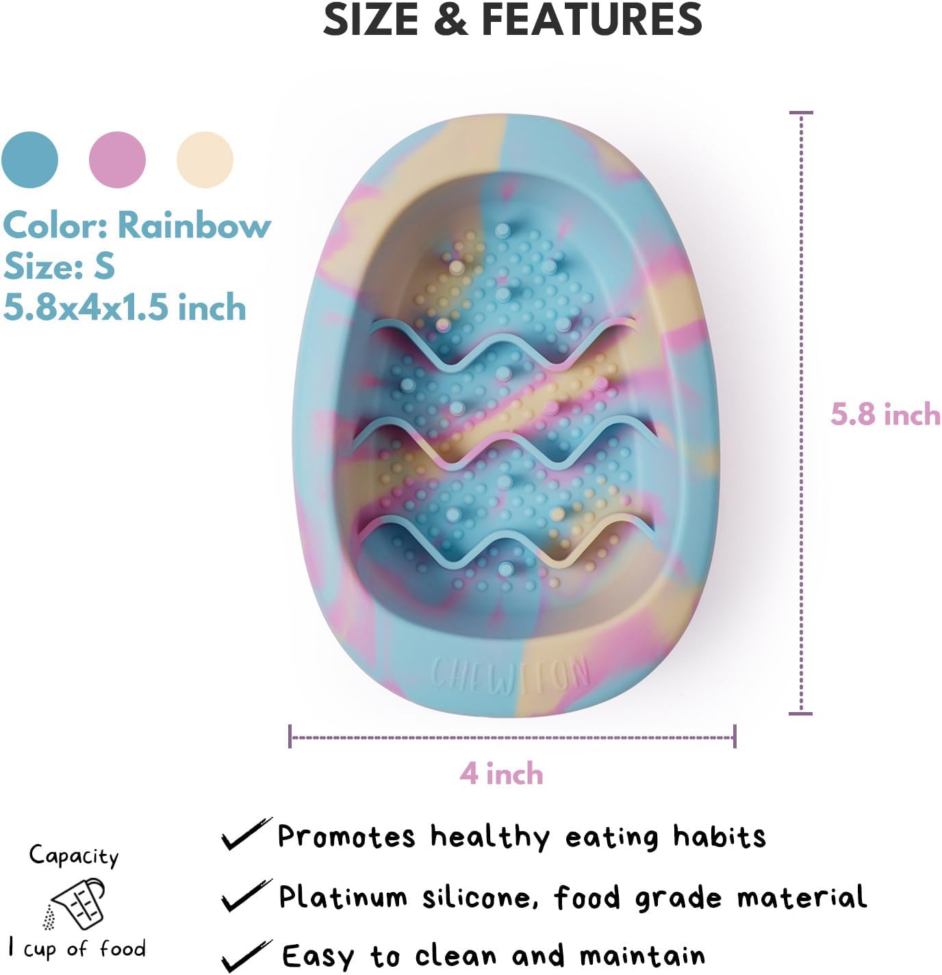 CHEWFFON Interactive Dog&Cat Lick Mat Bowls, BPA-Free Silicone Dog Slow Feeder Bowl with Suction Cups, Non Slip Food Bowl for Dogs and Cats, Reduces Boredom and Anxiety, Dishwasher Safe, Rainbow Small