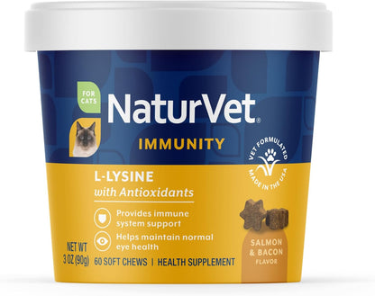 NaturVet L-Lysine Immune Support Plus Antioxidants Cat Supplement – Helps Support Eye Health, Immune System for Cats – Includes Amino Acids – 60 Ct. Soft Chews, 30-Day Supply