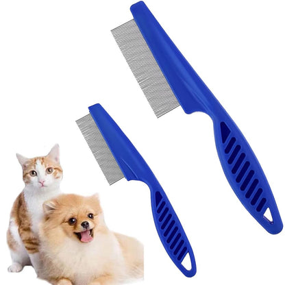 Pet Hair Comb, 2-in-1 Multifunctional Stainless Steel Pet Grooming Comb for Dog and Cat for Flea, Tear Stain Removal, and Dehairing Dogs and Cats' Face, Paws, and Body (Blue)