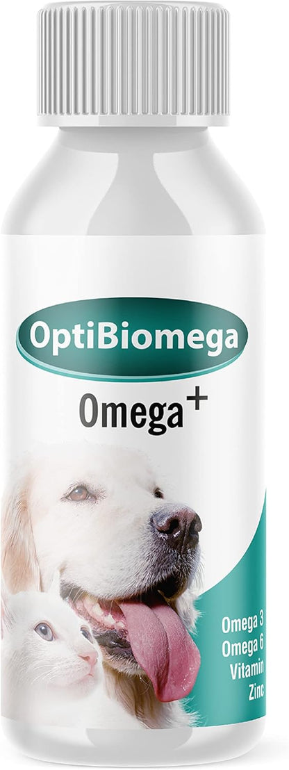 OptiBiomega Fish Oil for Dogs & Cats, Vitamins & Supplements Skin and Coat, Zinc, Omega 3 & Omega 6 Fatty Acids Support Immune Supplement, 3.38 fl oz