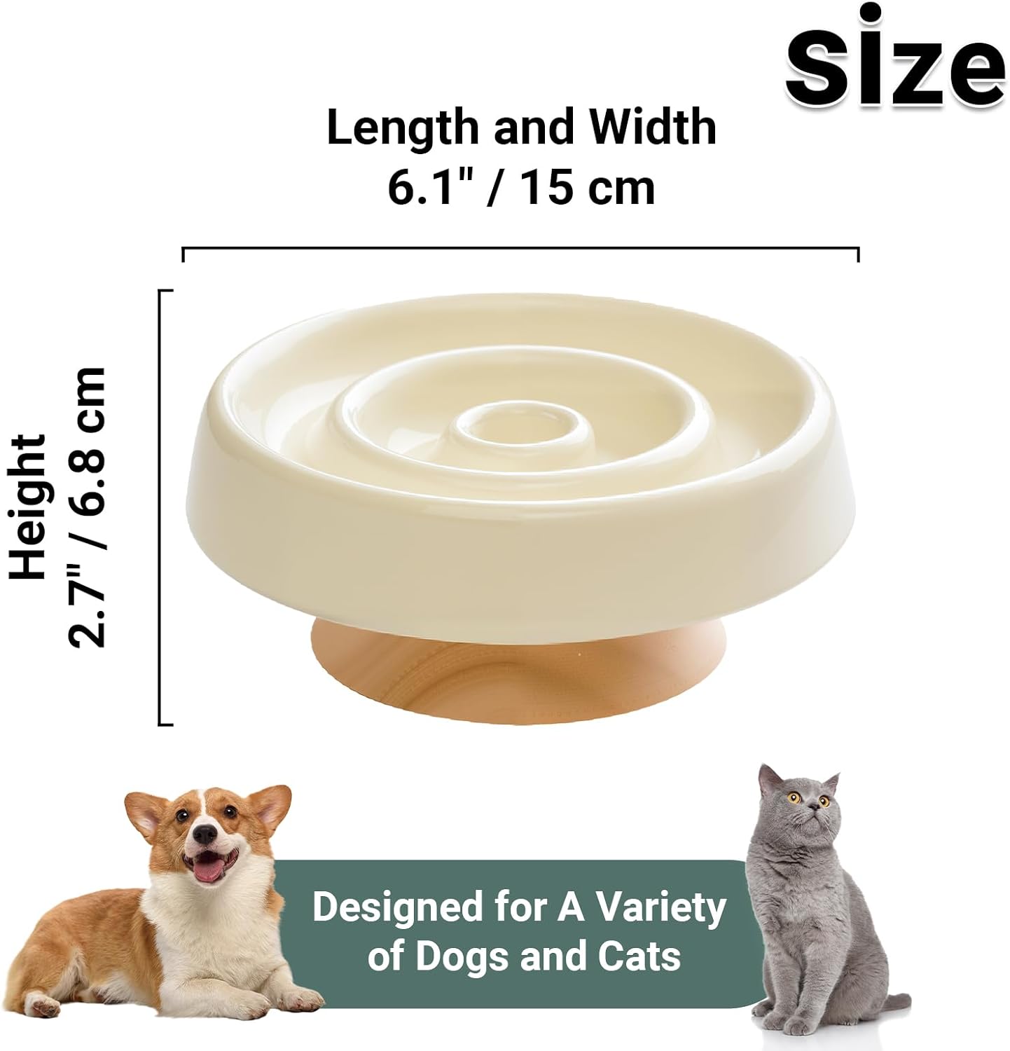 Ceramic Slow Feeder Dog Bowls Food and Water,Anti-Slip Concave and Convex Elevated Wooden Seat,Puzzle Lick Mat Feeder for Small Medium Large Breed Dog and Cat Essentials