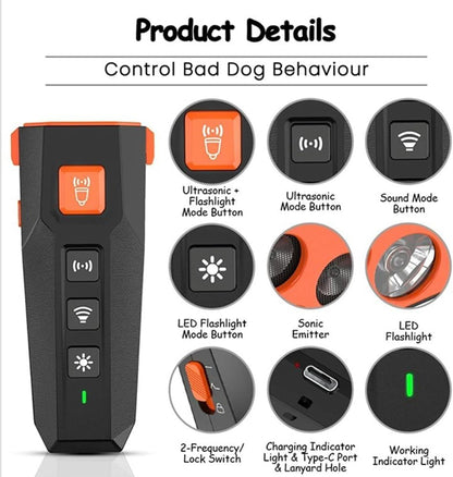 Anti Barking Device, 3X Emitter Power with 3X Stronger Coverage Most Effective Dog Bark Deterrent, Most Effective Training, User-Friendly, Dog Whistle to Stop Barking, Barking Silencer, Rechargeable