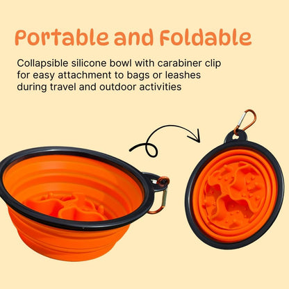 Collapsible Cat Bowl, Maze Design Pet Puzzle Feeder, 650ml Dog Slow Feeding Bowls, Dog Slow Feeding Bowl with Carabiner Portable BPA-Free Silicone Pet Bowls for Hiking, Travel, Camping - Color Orange