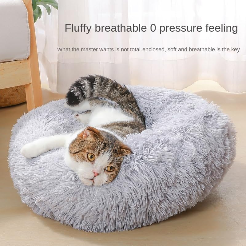 Cat Beds for Indoor Cats - Cat Bed Washable 20/24 inches, Dog Beds for Small Medium Dogs, Anti Anxiety Round Fluffy Plush Faux Fur Pet Bed, Thick Bottom (Light Grey, Medium)