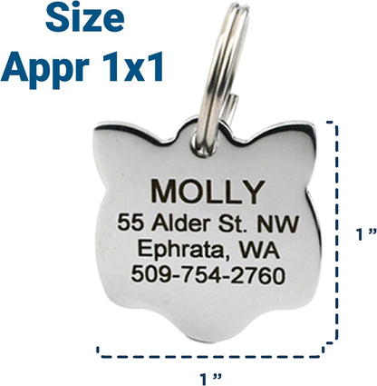 GoTags Cat ID Tag, Personalized Cat Shape Pet ID Tag in Stainless Steel, Includes up to 4 Lines of Custom Engraved Text – Stainless Steel, Kitty Face
