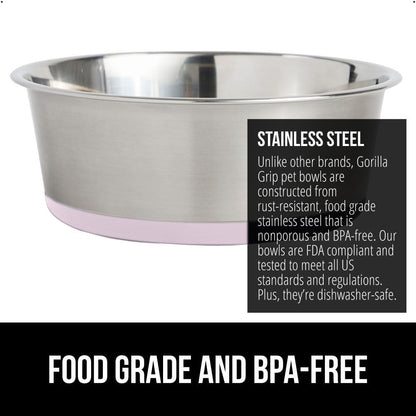GORILLA GRIP Dog Bowls, Holds 2 Cups Each (16 fl oz), Heavy Duty Stainless Steel Food and Water Bowl for Feeding Dogs and Cats, Dishwasher Safe, Rust Resistant, BPA Free Rubber Base, Set of 2 Pink