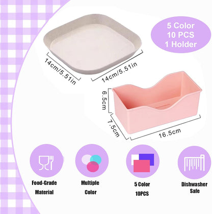 5pcs Whisker Fatigue Cat Bowl - 5.5 Inch Shallow Cat Food Dish Wide Cats Wet Feeding Bowls, PET Plate for Kittens and Short Legged Cats, Wheat Straw