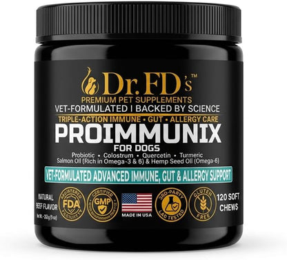 Dr. FD’s ProImmunix – Immune & Allergy Support for Dogs | Probiotic + Colostrum for Gut Health, Seasonal Itch & Skin Comfort | Natural Beef Flavor | 120 Soft Chews