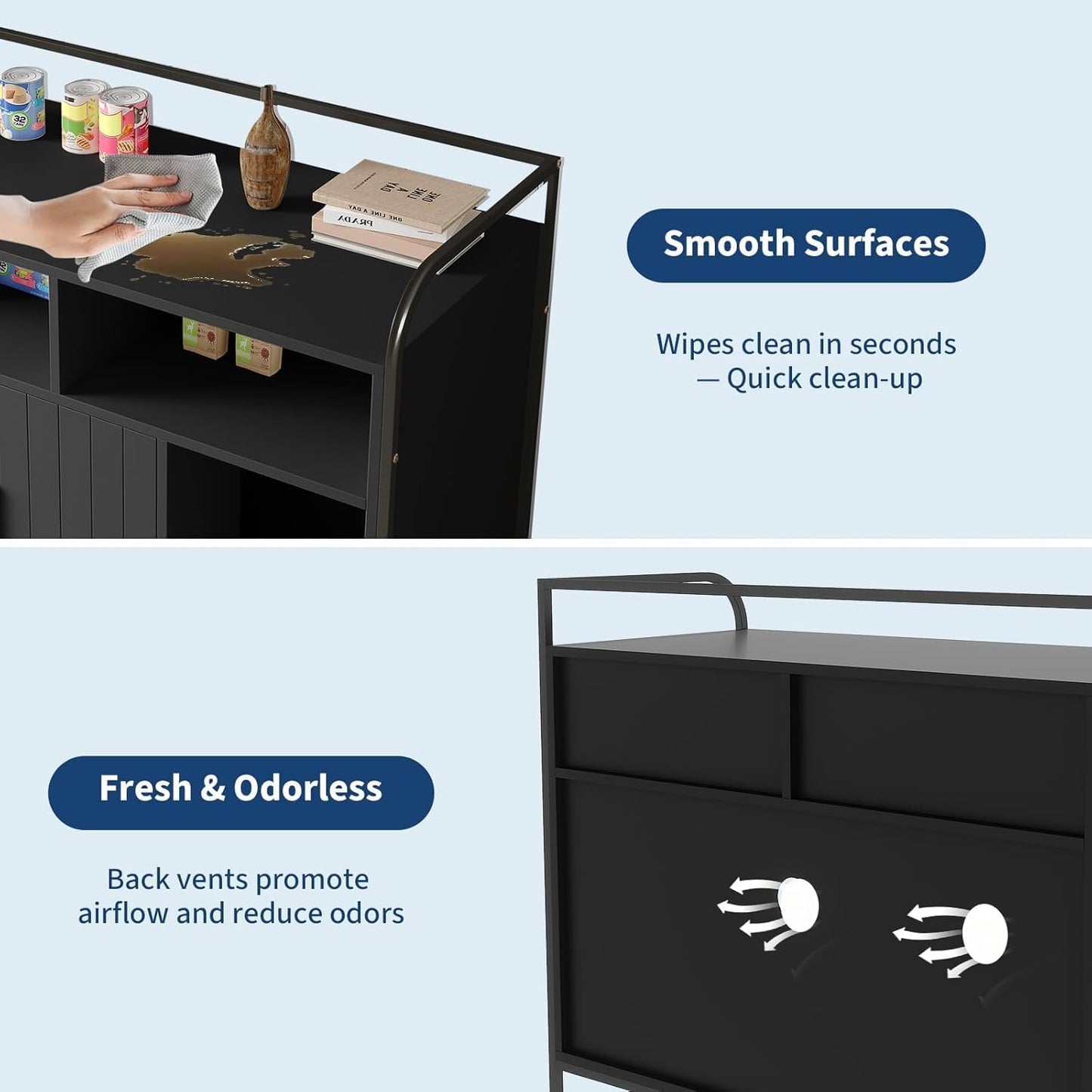 GAOMON Modern Cat Litter Box Enclosure with Metal Frame, Hidden Cat Litter Box Side Table with Dual Storage Shelves, Multi-Functional Indoor Cat House Cabinet for Living Room & Bedroom, Black