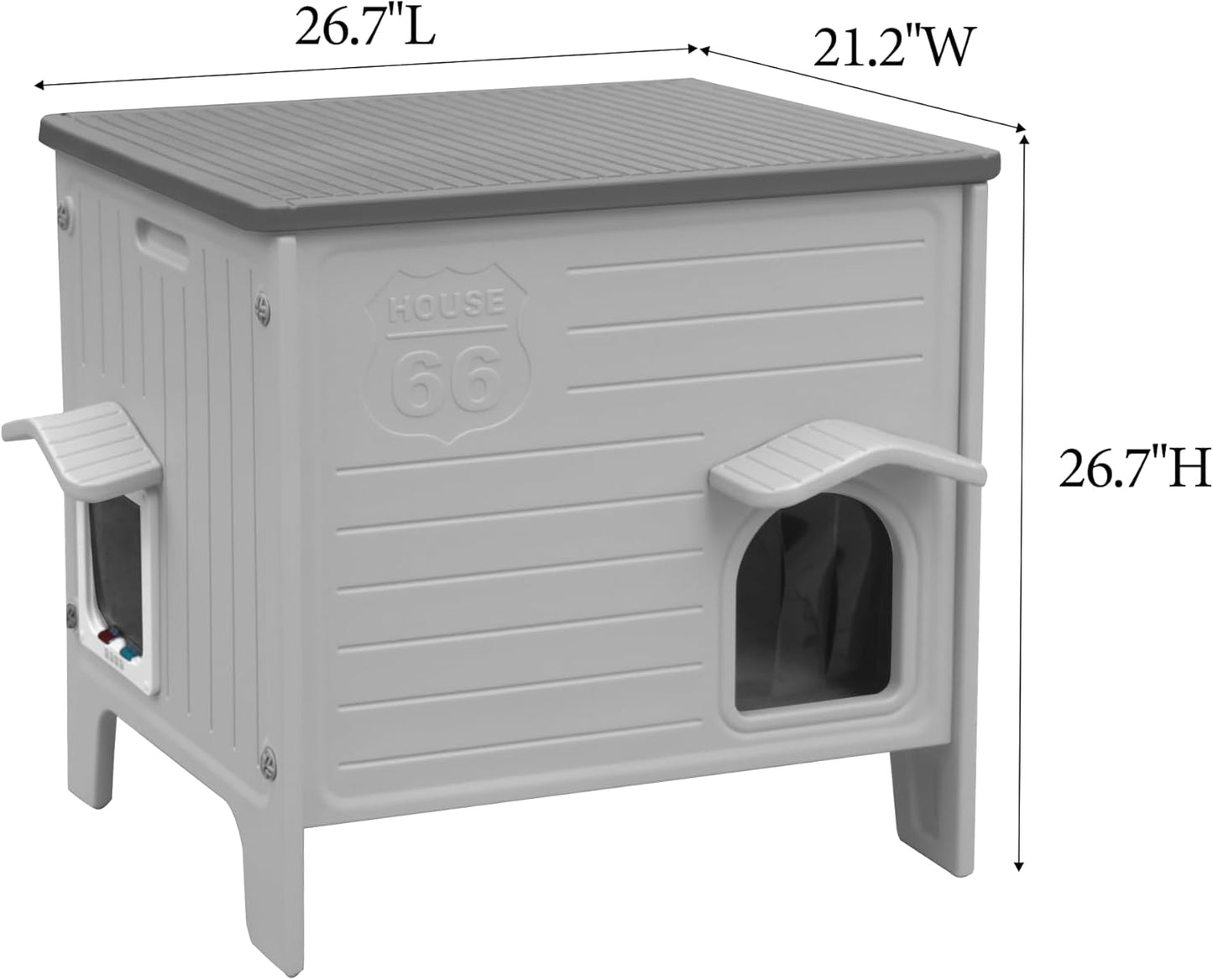Weatherproof Outdoor Cat House with Insulated Liner for Feral Cat, Plastic Elevated Cat Shelter with Escape Door, Easy Assemble, Expansive Interior‌ Grey 27.0" L x 27.0" W x 21.0" H