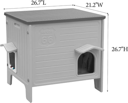 Weatherproof Outdoor Cat House with Insulated Liner for Feral Cat, Plastic Elevated Cat Shelter with Escape Door, Easy Assemble, Expansive Interior‌ Grey 27.0" L x 27.0" W x 21.0" H