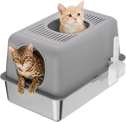 Extra Large Stainless Steel Cat Litter Box with Lid – Fully Enclosed, High Sides, Dual Entry (Front & Top), Odor-Resistant, Anti-Leakage, Easy to Clean, Non-Stick, Includes Scoop, Durable Metal Tray