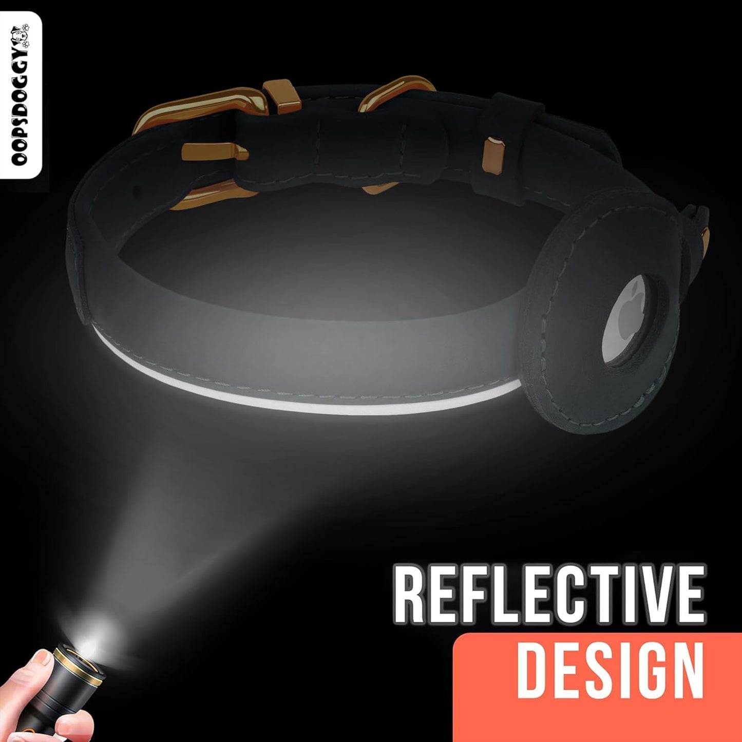 OOPSDOGGY Rolled Leather Dog Collar with Airtag Holder - Reflective Round Airtag Dog Collar - Soft Tracking Pet Collar for Small Dogs Puppy Cats Kitten (Black, S, 10"-13")