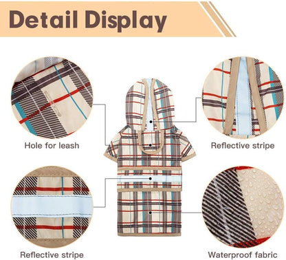 KOOLTAIL Dog Raincoat Hooded Slicker Poncho with Leash Hole, Raincoat for Small Medium Dogs, Waterproof Doggie Rain Jacket with Reflective Strip, Adjustable Breathable Plaid Puppy Rainwear-Beige M